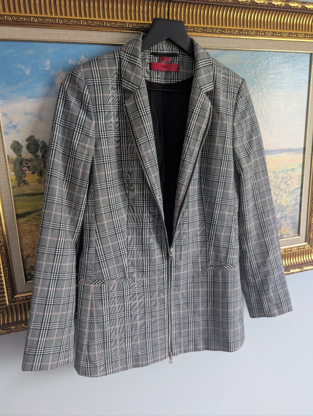 NWOT Hugo Boss Gray Plaid Blazer with Pink Windowpane